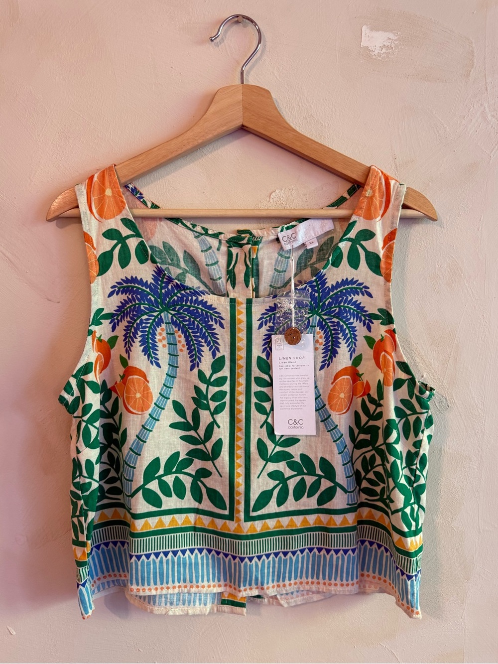 C&C California | Palm & Citrus Print | Sleeveless Crop Top | Linen blend